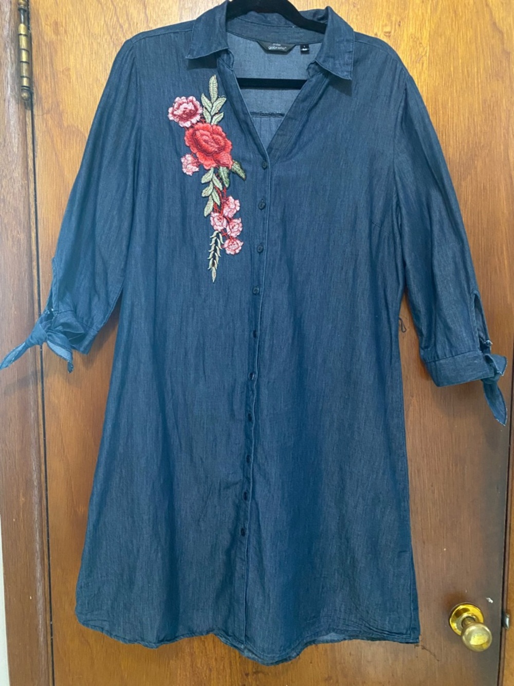 Mlle Gabrielle Floral Embroidered Chambray Tunic Dress Size Large